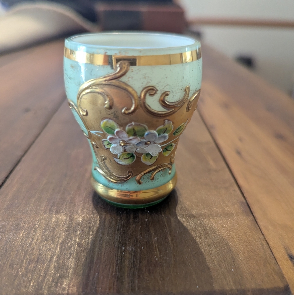 Hand Blown‎ Venetian Crystal Hand Painted Decorated Cup With 18k Gold 2.5" Tall